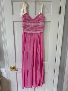 Blu Pepper Pink Smocked Maxi Dress with Crochet Bodice